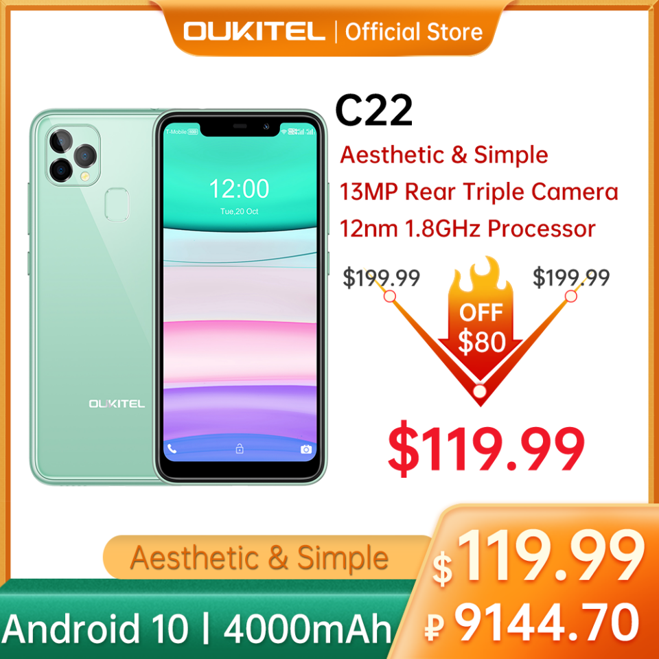 OUKITEL C22 Smartphone 4GB 128GB 4000mAh Quad Core 5.85"HD+ Mobile Phone 13MP Triple Camera 2.5D 1.8Ghz Celular Cell Phone